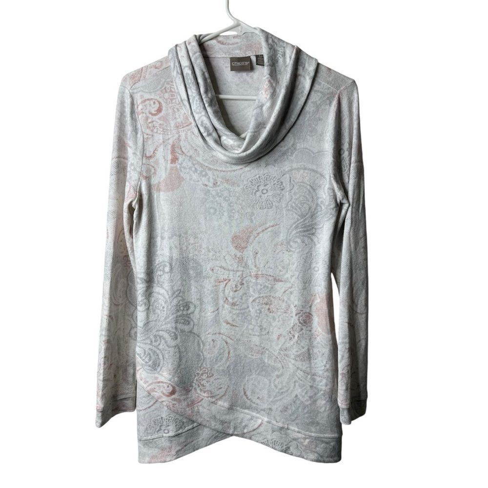 Chicos Cozisoft Gray Damask Delight Cowlneck Tunic Blouse 0